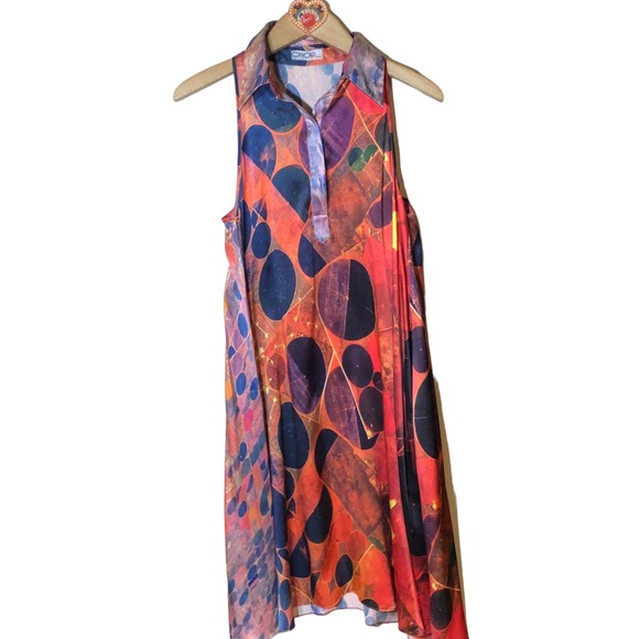 CROP David Peck silk abstract print sleeveless shirt dress with pockets S - Picture 8 of 14
